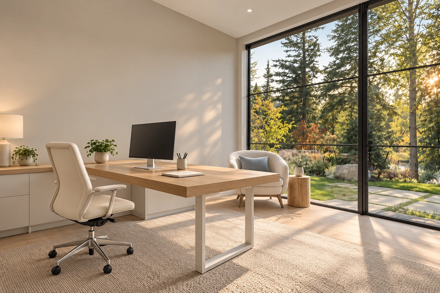 Bright beige office overlooking a green garden in late afternoon light