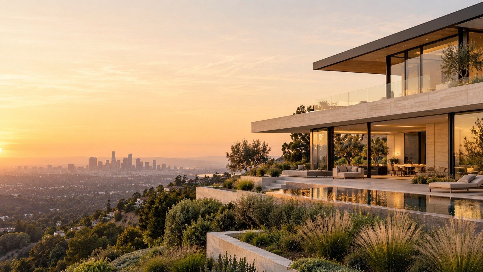 Contemporary hillside residence overlooking a city at sunset