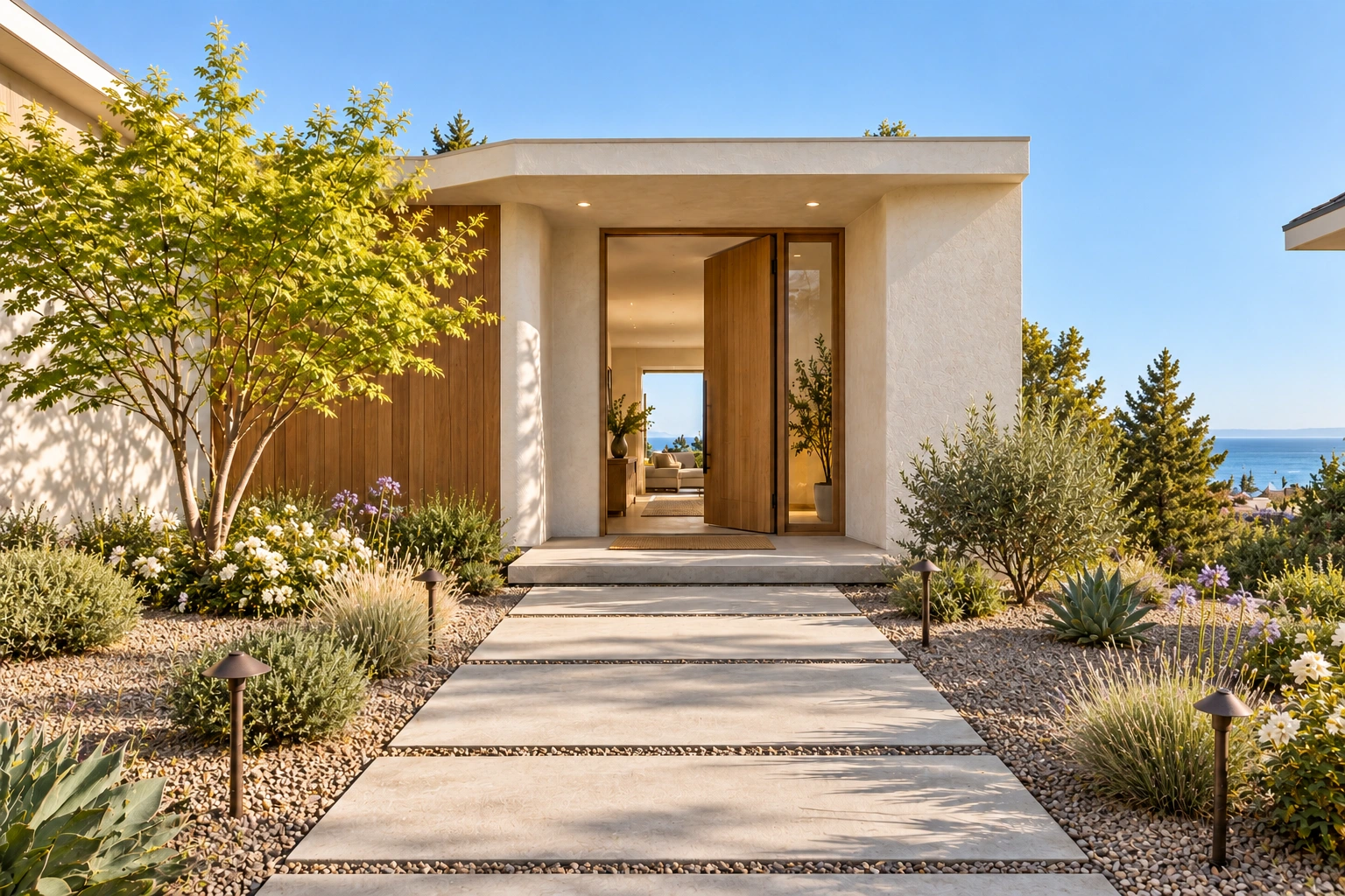 Open oak front door of a coastal home with trees and ocean views