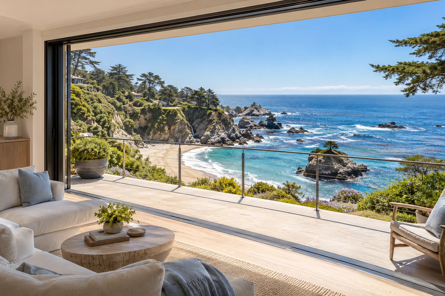 Open coastal living room overlooking a Pacific Ocean cove and beach