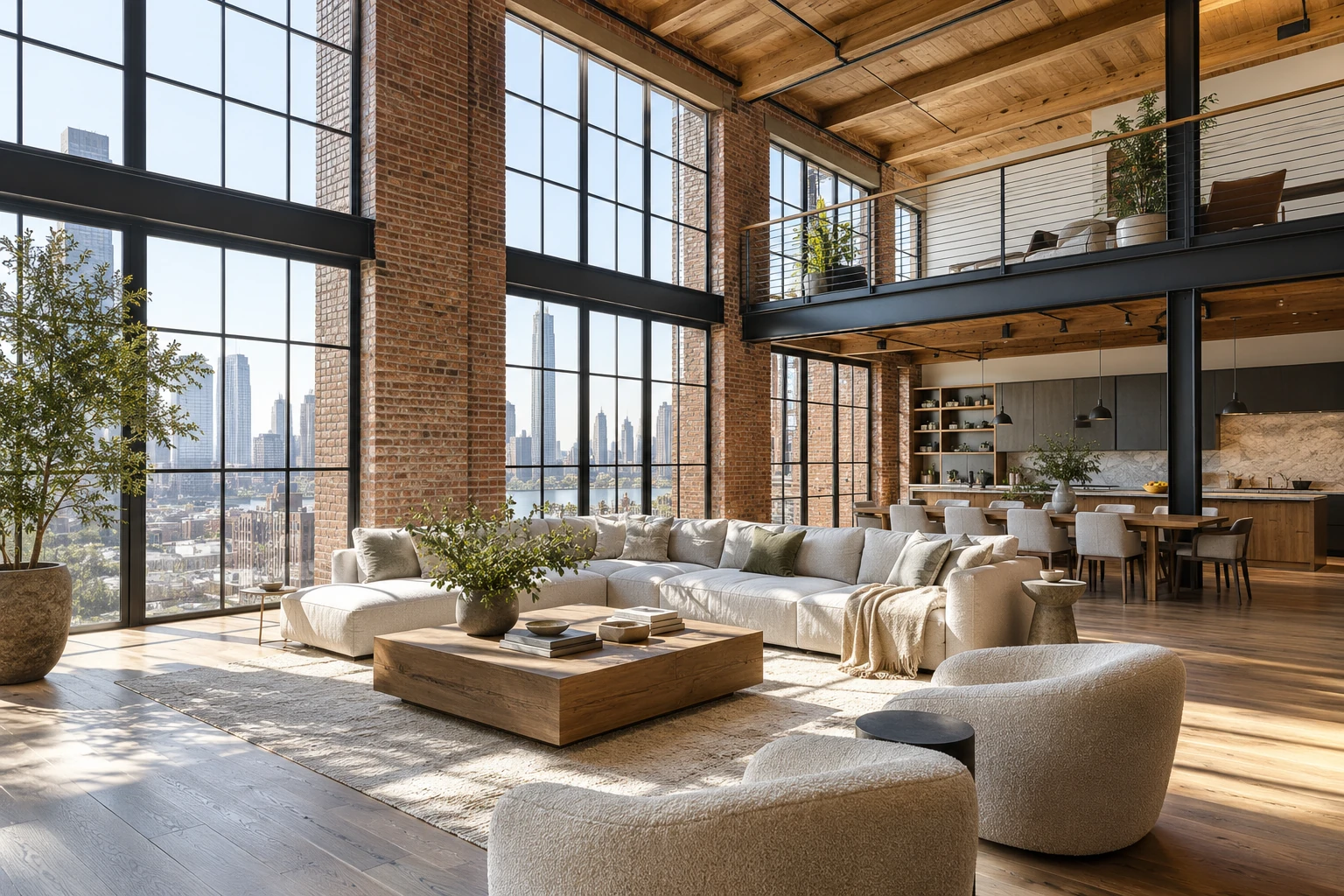 Sunlit urban loft with double-height windows, exposed brick, and an open living space