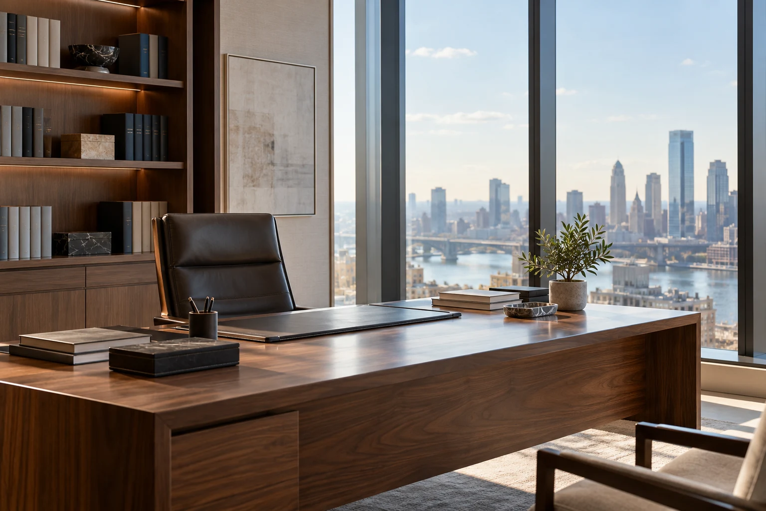 An organized law-office workspace with books, files, and natural light