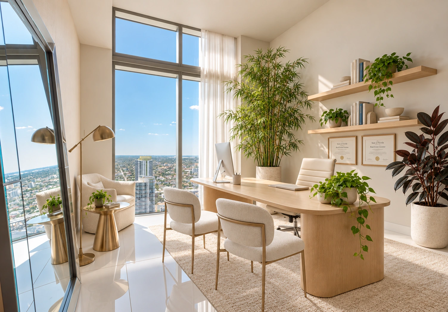 Bright office with green plants and panoramic city views