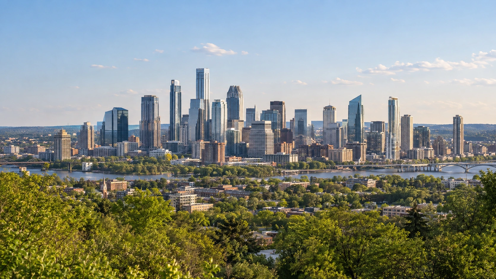 City skyline beyond a lush canopy of green trees