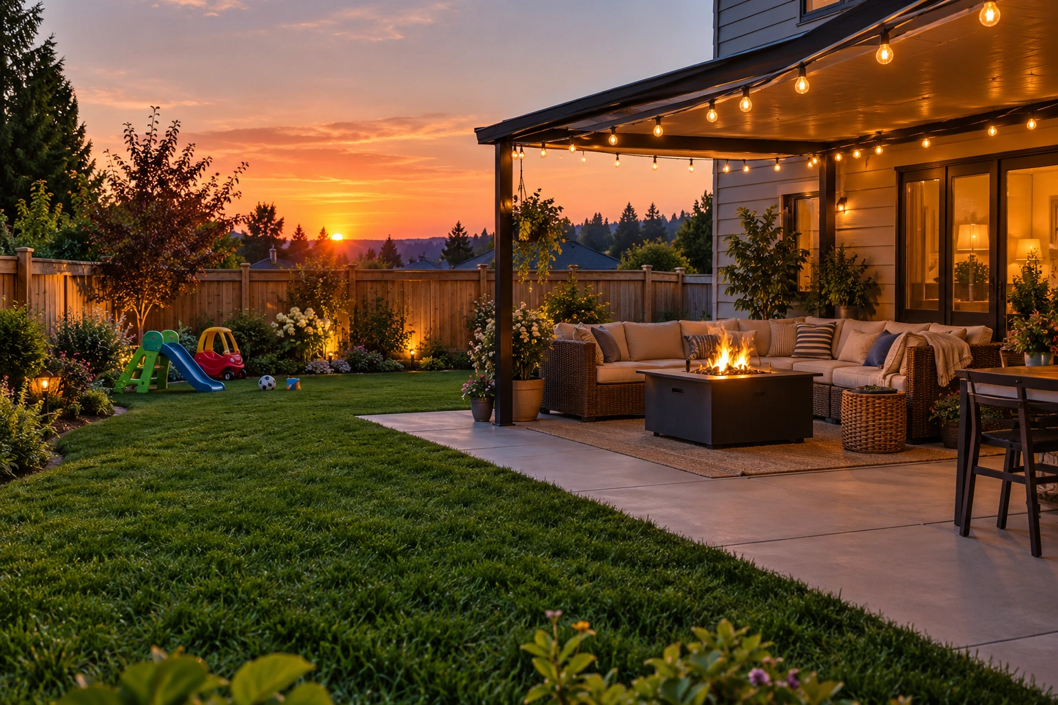 Cozy backyard patio and garden at sunset