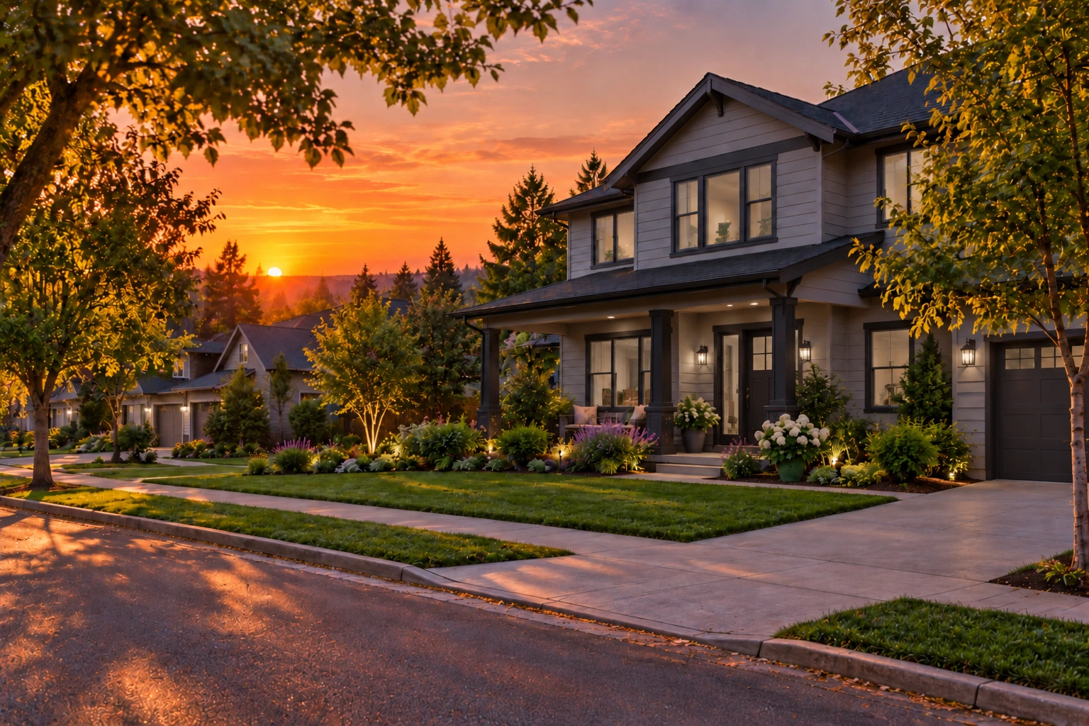 Modern home on a tree-lined neighborhood street at sunset