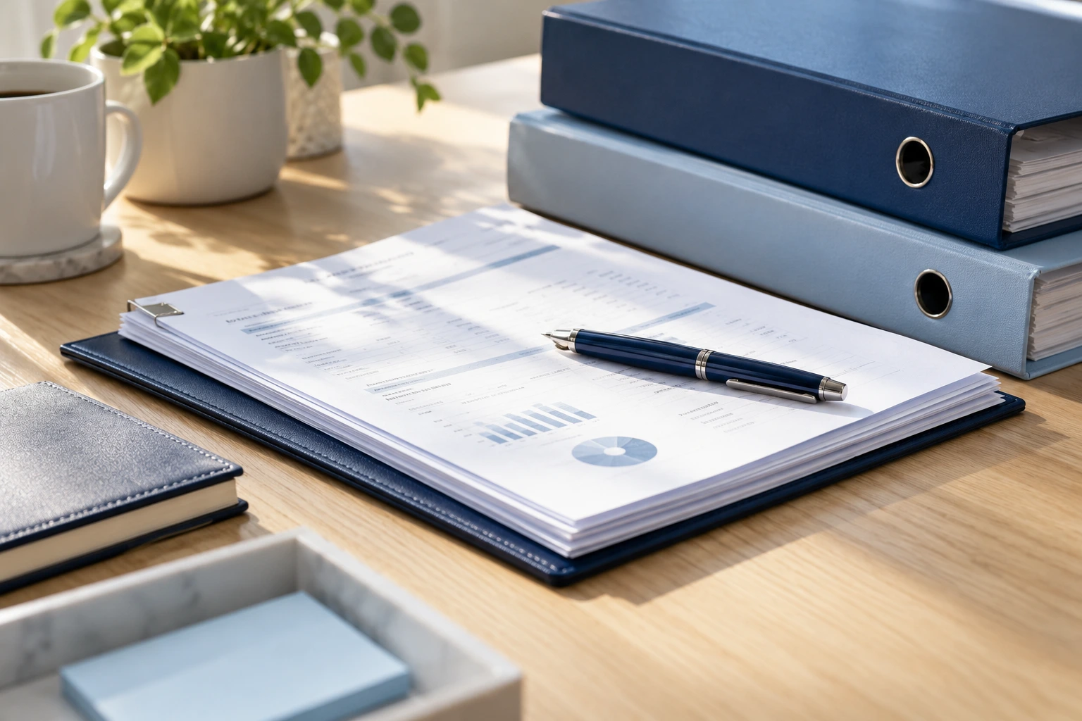 Prepared monthly report packet with neatly stacked binders and a pen