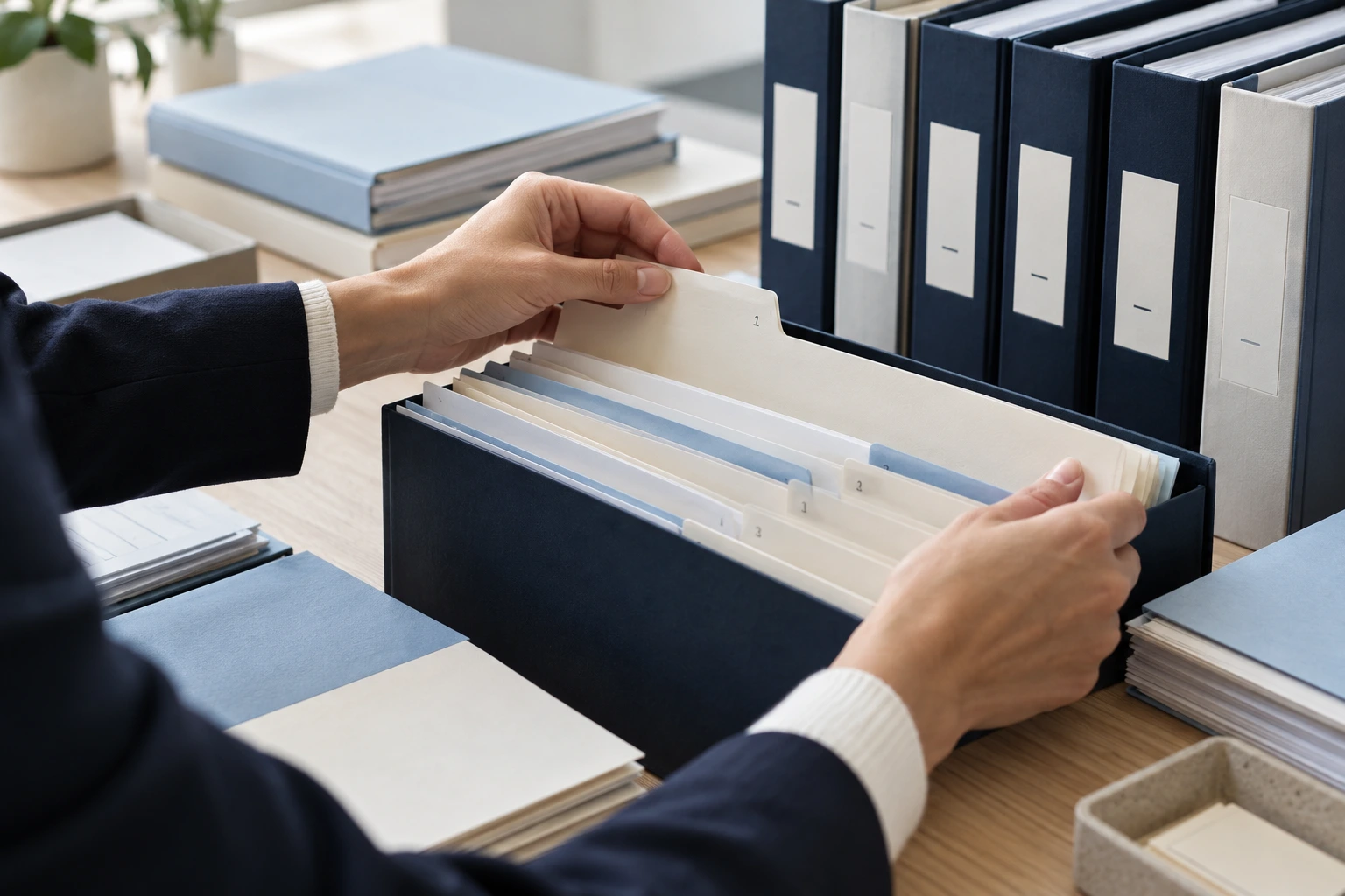 Hands arranging client folders and binders into a repeatable filing system