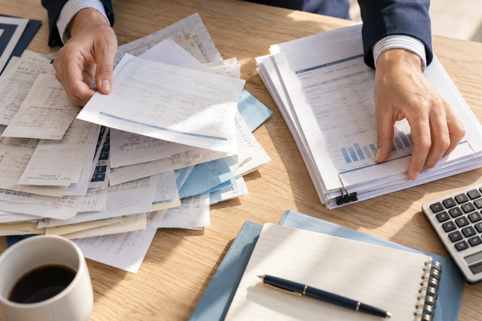 Hands sorting historical records into an organized report packet